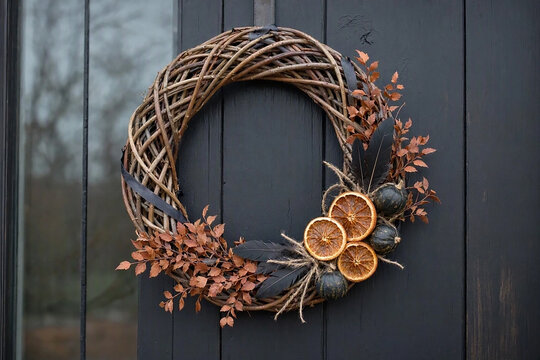 Handcrafted willow wreath with gothic accents and intricate twig texture, ideal for fall decorating inspiration and Halloween craft marketing.