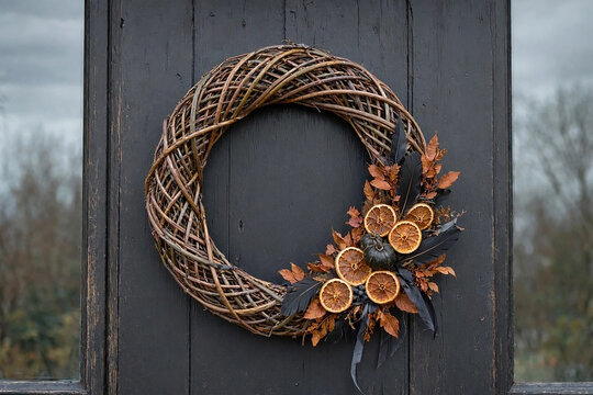 Rustic Halloween wreath combining woven branches, dark gourds and muted autumn colors for farmhouse interiors and festive product displays.