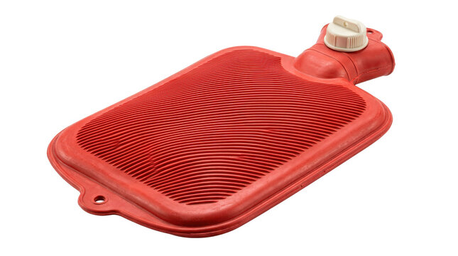 Hot water bottle, classic rubber hot water bottle with a flattened rectangular body, ribbed front texture, narrow filling neck and screw cap, photorealistic product photography, three-quarter view,