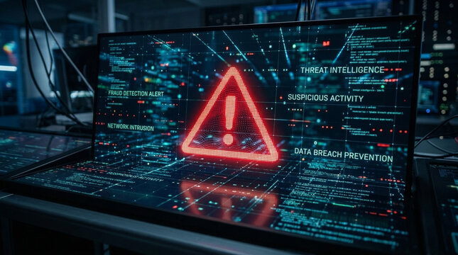 Cybersecurity Alert Exclamation Mark Warning on Digital Screen with Data Breach Prevention Threat Intelligence