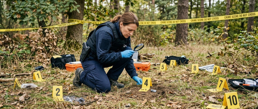 Crime scene investigator examines evidence markers in a forest setting with yellow police tape