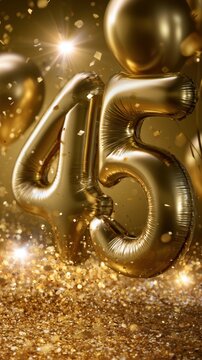 Shiny golden number balloons celebrating a luxurious 45th anniversary or birthday with sparkling confetti and festive lighting effects in background