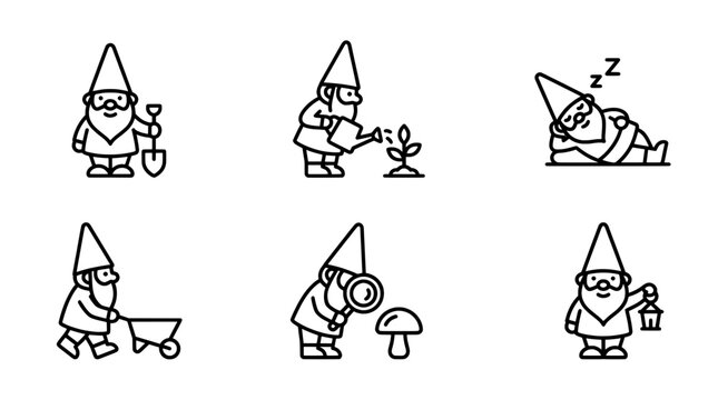 Minimalist garden gnomes vector set, cute outline characters for landscaping and agriculture