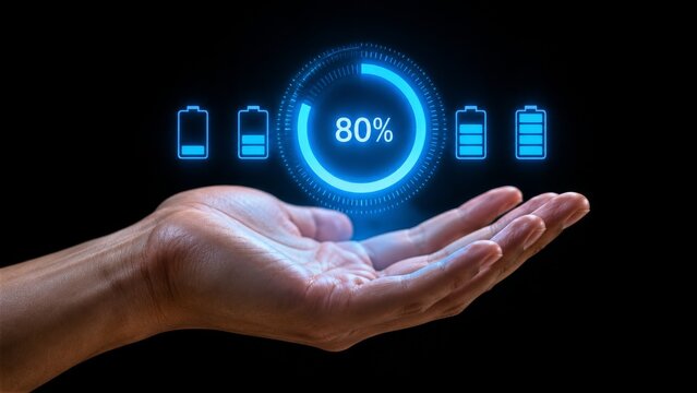 Hand Presenting a Glowing Blue Charging Gauge and Digital Battery Icons