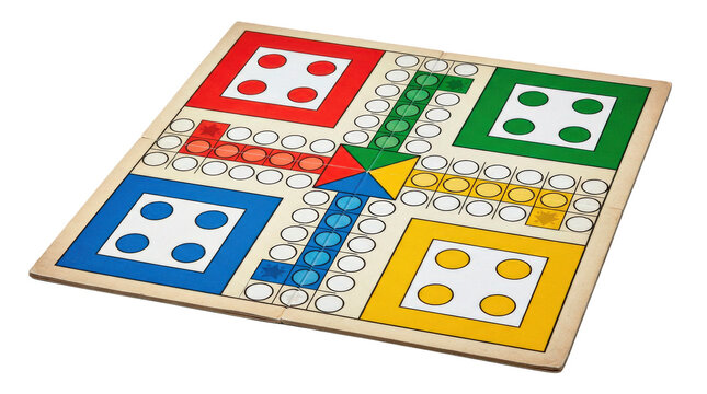 Ludo board, colorful square Ludo board game playing surface with a distinctive cross-shaped central track layout, four large contrasting corner home zones and precisely arranged circular path spaces,