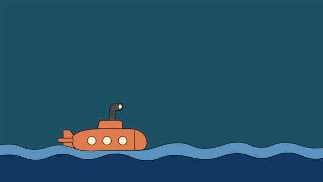 Cute orange submarine floating among blue ocean waves on a dark teal background with simple flat cartoon styling ideal for marine adventure kids education posters and nautical arts