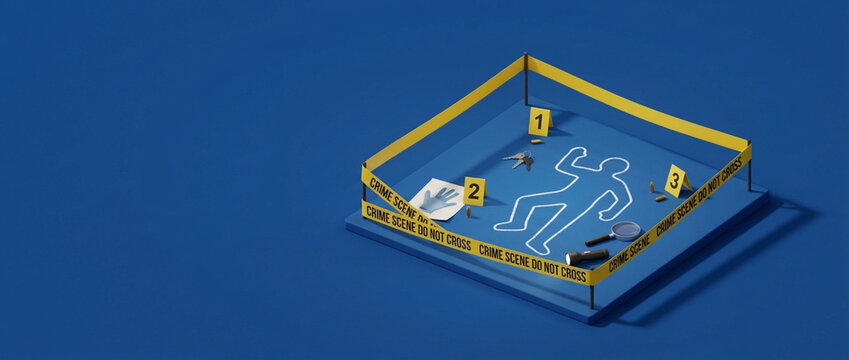 Crime scene investigation chalk outline evidence markers police tape magnifying glass on blue background