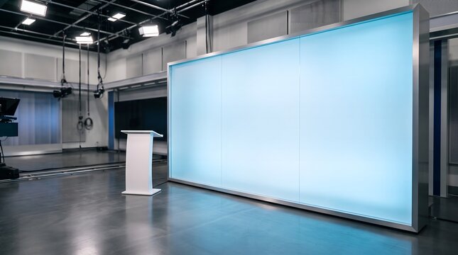 Modern Professional Television Broadcast Studio Interior with Empty Lighted Background Wall and Lectern Stand for News Presentation