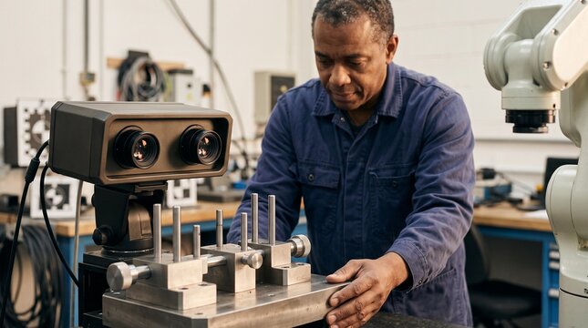 Stereo camera tracks fixture pins during cobot setup
