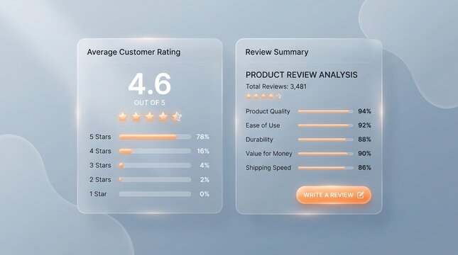Glassmorphism customer rating and review summary dashboard interface