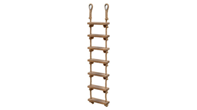 Pilot rope ladder, traditional ship boarding pilot rope ladder with two long parallel thick natural fiber side ropes, broad evenly spaced hardwood climbing steps, reinforced connecting knots and a