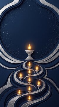 Hanukkah and Christmas Oil Lamp Copy Space Background with Silver Menorah Curves and Starry Night