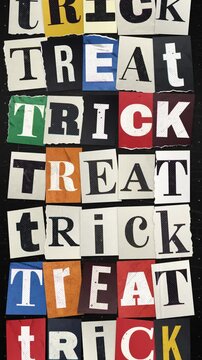 Trick and treat repeated in alternating rows of ransom note letters.
