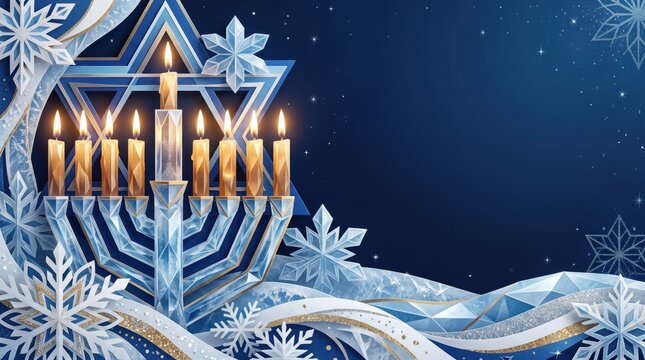 Hanukkah and Christmas Paper Cut Art Copy Space Background Featuring Crystal Menorah, Star of David, and Glowing Candles on Dark Blue Winter Night
