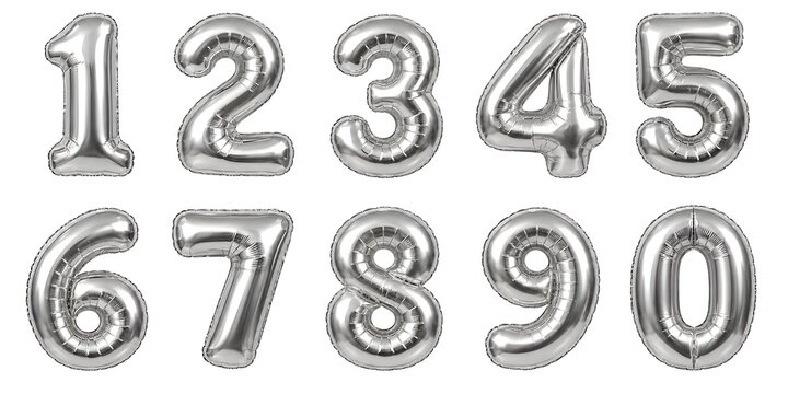 3D Render of silver inflatable foil balloons set. Bright party decoration figures. Silver numbers isolated on white background. decoration figures for birthday and anniversary