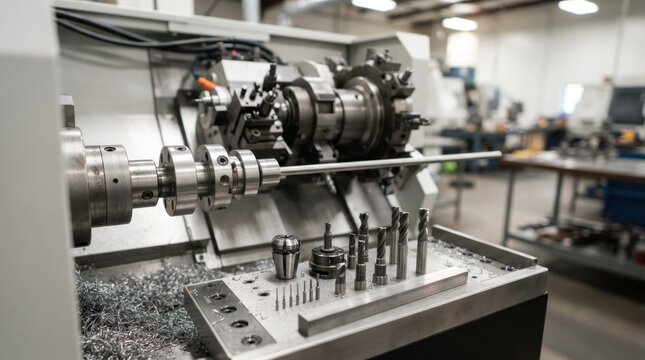 Swiss machining setup with swiss-type lathe, guide bushing, micro drill bits, collet chuck, and stainless bar stock in a metalworking shop.