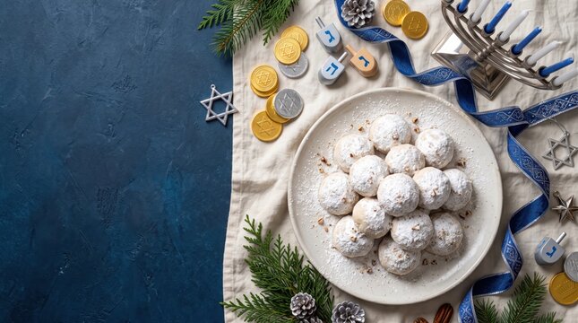 Hanukkah and Christmas Pecan Snowball Cookies Copy Space Background with Flat Lay Composition