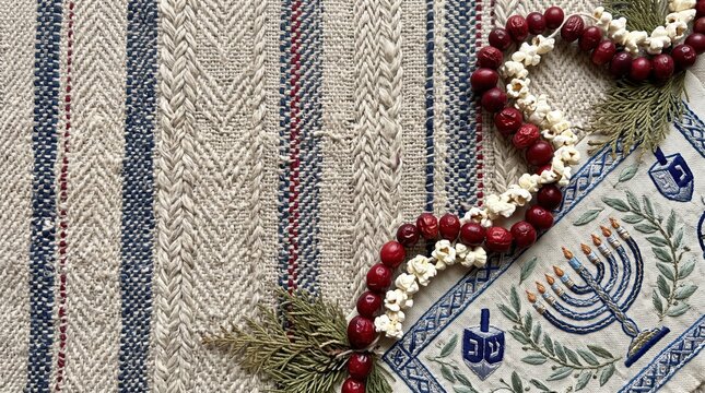 Hanukkah and Christmas Popcorn Garland Copy Space Background with Embroidered Menorah and Winter Textile
