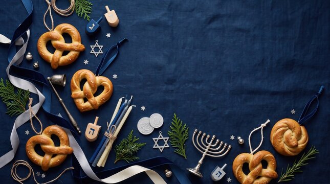 Hanukkah and Christmas Pretzel Ornaments Copy Space Background featuring Menorah and Holiday Treats