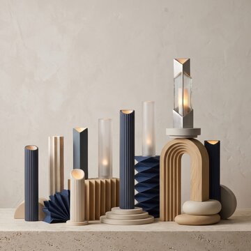 Hanukkah and Christmas Sculptural Art Copy Space Background featuring Menorah motifs, geometric pillars, and festive elements for modern holiday designs.