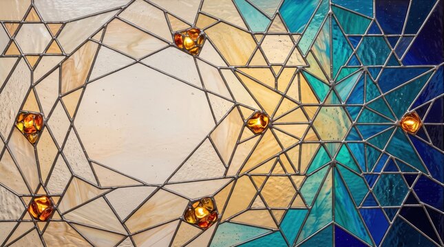 Hanukkah and Christmas stained glass mosaic copy space background featuring soft beige panels, embedded amber glowing jewels and intricate star of david leaded lines for elegant