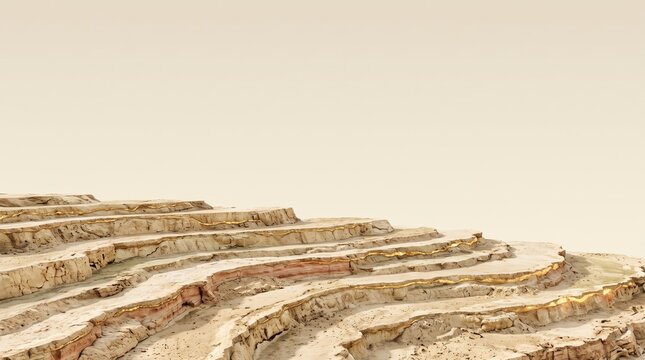 Hanukkah and Christmas terraced landscape copy space background showing abstract geological rock formations with glowing golden mineral veins for luxurious holiday design and