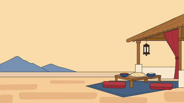 Minimal outdoor dining scene with low wooden table bread and bowls on a blue rug with red floor cushions beneath a rustic pavilion overlooking distant mountains and warm beige view