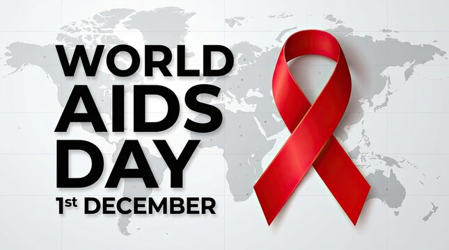 World aids day concept with a red awareness ribbon on a global map background for december first