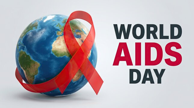 World aids day concept with a red ribbon wrapped around a globe illustration