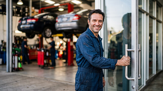 A smiling auto mechanic opens the service shop door.