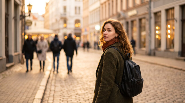 A woman looks back over her shoulder on the street.