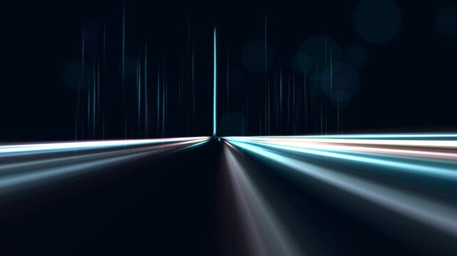 Futuristic digital data stream with glowing blue and white light streaks moving towards a vanishing point, abstract technology background for big data, AI, and cyber security concepts