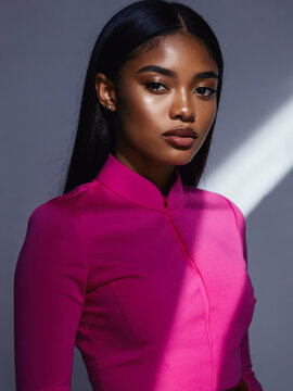 African American woman in pink clothing.