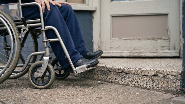 Wheelchair wheels halted at a raised shop step