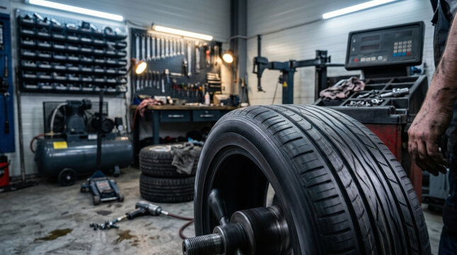Car mechanics changing tire at auto repair shop garage.	