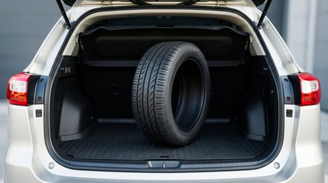 Tires in the car trunk before a tire change.