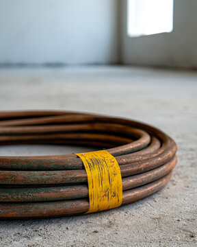 Coil of copper pipe bound with yellow tape on a concrete floor