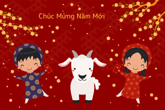 2027 Lunar New Year Tet cute kids in ao dai, goat, red envelope, apricot blossoms, Vietnamese text Happy New Year. Hand drawn flat vector illustration. Holiday design, card, banner. Cartoon character
