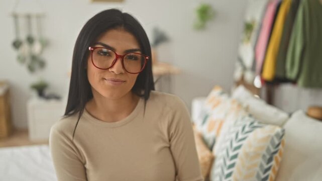 Woman adjusts red glasses while sitting on a bed in a studio apartment, face centered, smiling and touching frame near right eye; comfort ease.