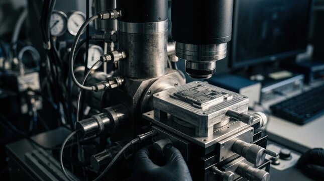 Electron microscopy workstation examining a chip surface with stage controls, vacuum column, and sample stub.