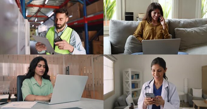Collage of male and female professional employees engaged in workflow using diverse gadgets at home and workplaces. Warehouse and medical workers, freelancer and office manager using modern devices