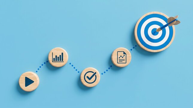 Blue bullseye target with a dart hitting the center, accompanied by sequential wooden business icons connected on a background