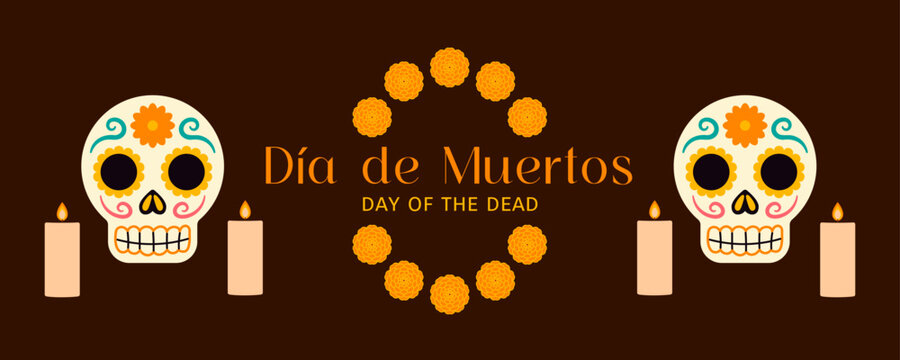 Day of the Dead, Dia de Muertos sugar skull calavera, marigold flowers, burning candles illustration. Mexican festival traditional decorations, beautiful holiday design elements. Hand drawn vector