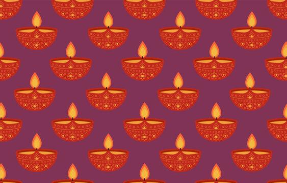 Diwali burning diya oil lamps seamless pattern on purple background. Indian festival of lights decorations, Dipavali beautiful design Decorative holiday print design. Vector illustration