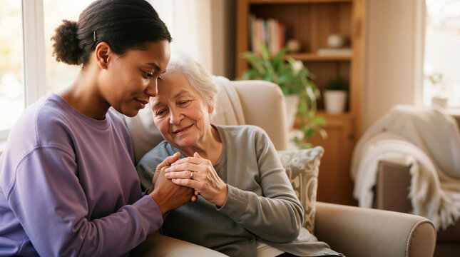 Young Black woman and elderly White woman holding hands in a living room. Diverse family caregiver comforting a senior patient at home. National Family Caregivers Month concept