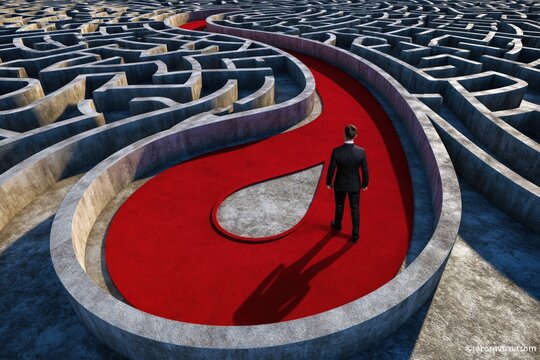 Businessperson standing at the entrance of a maze shaped like a large red question mark symbolizing decision-making challenges and problem-solving strategies