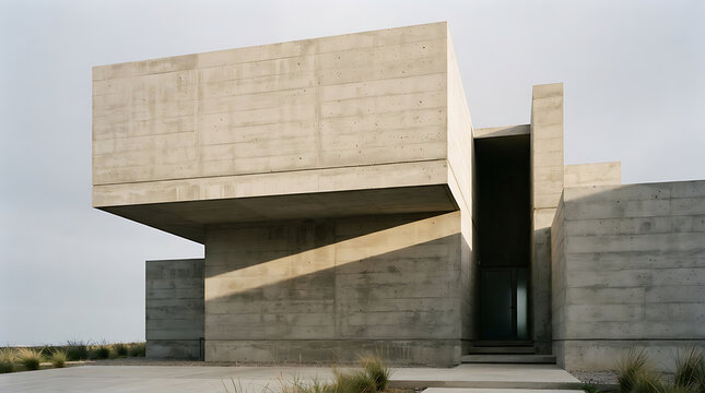 Modern concrete building with minimalist architectural design stands under a clear sky.
