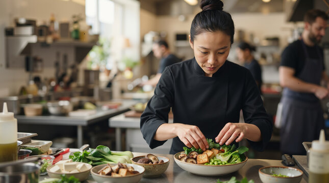 Asian female chef garnishing a plant-based tofu and vegetable bowl in a commercial kitchen. Professional cook preparing healthy organic food in restaurant. World Vegan Day concept
