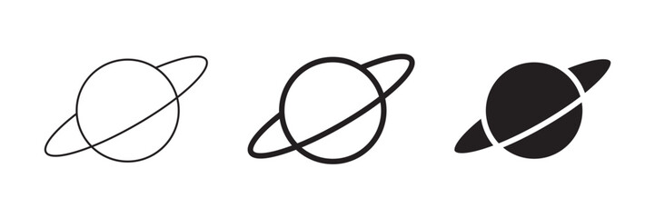 Set of three saturn planet icons with different line weights and fill styles, representing space, astronomy, and solar system symbols © Jabed Omar