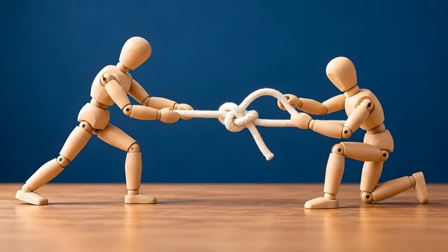 3D Wooden Figures Pulling a Knotted Rope in Tug of War Concept